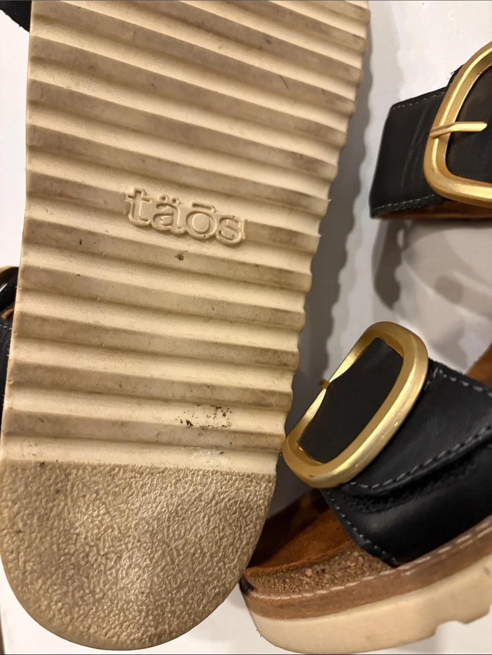 Taos On the Double Black Leather Sandals with Gold Buckles